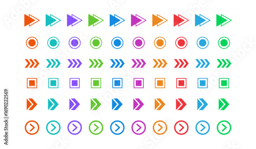 Color bullet points. Geometric icons with arrows, circles, squares for list, minimal modern navigation simple buttons for headline, UI app, websites and presentation infographics. Isolated vector set