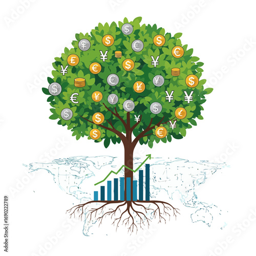Global investment concept a sleek vector money tree with currency signs and a world map base. Ideal for illustrating international finance, economic growth, and market trends.