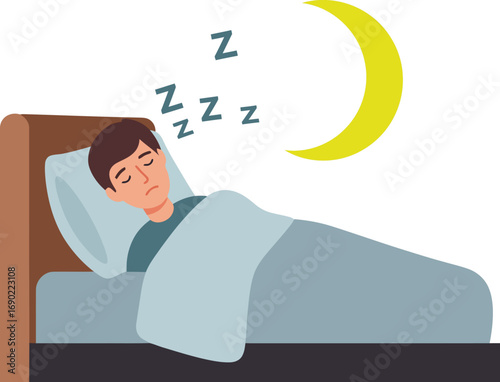 Illustration of a man sleeping peacefully in bed under a blanket with a crescent moon and "Zzz" symbols above his head.