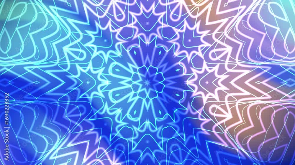 Abstract kaleidoscopic pattern with radial symmetry and blue hues. Suitable for backgrounds, prints, textiles, and digital designs for a vibrant touch.