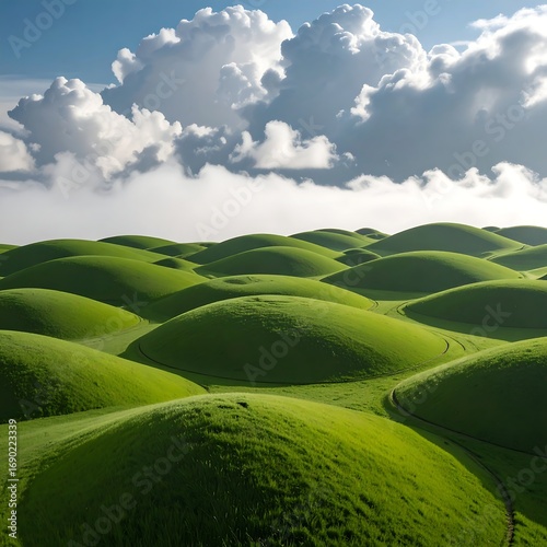Rolling green hills under a partly cloudy sky