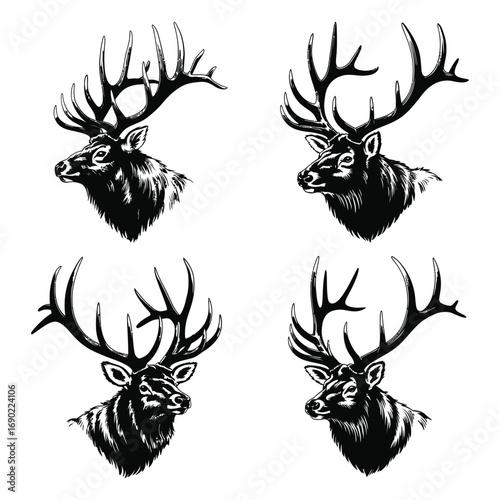 elk head silhouette collection set. deer, moose. animal, horn, jungle, hunting concept. for print, poster, sticker, and other designs. monochrome vector.