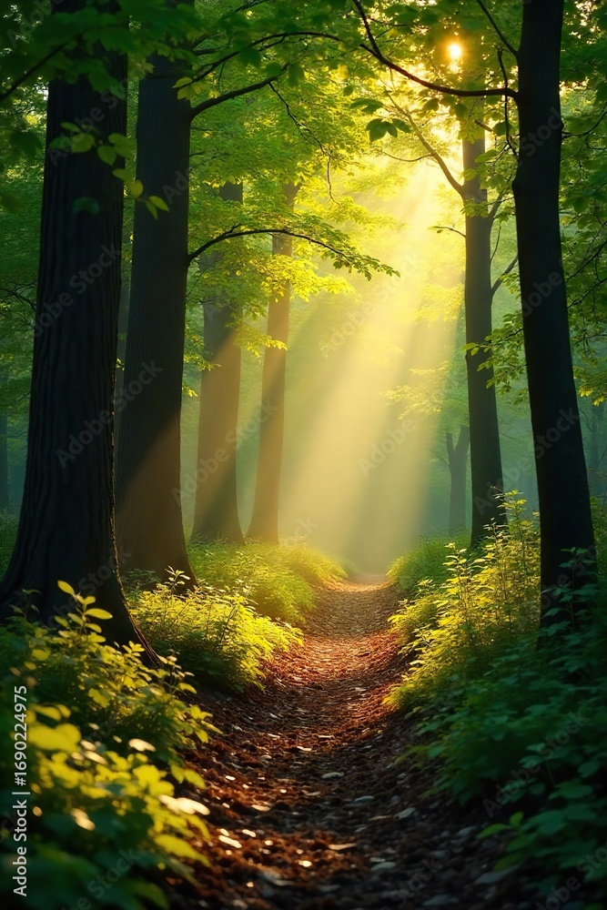 Obraz premium Golden sunlight streams through leaves, illuminating a forest floor dappled with light and shadow Perfect for nature, serenity, and spring themes , pattern, ray