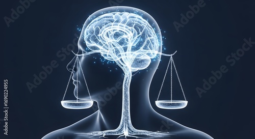 Human Brain with Justice Scale Balance - Legal Mind Intelligence Concept 3D