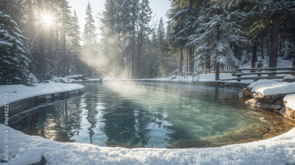 Obraz premium Serene winter scene of steaming hot spring surrounded by snow covered trees and wooden fence, with sunlight filtering through forest