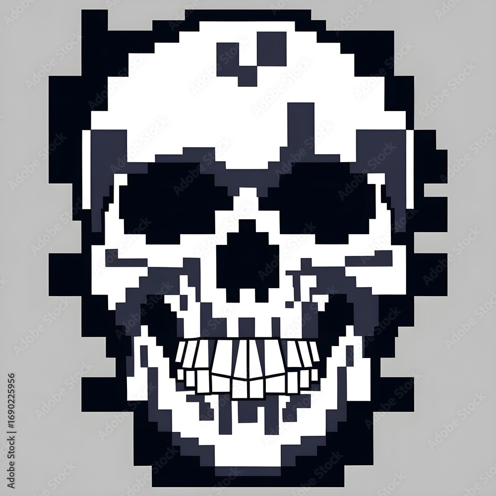 Fototapeta premium Pixelated skull design with fragmented block-style glitch elements, clean abstract digital form on simple background, tech-inspired apparel print for t-shirts and hoodies
