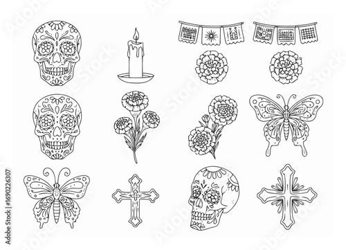 Dia de Muertos Icons: Skull, Marigold, Candle - Line Art
