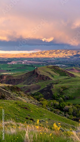 Rolling hills at sunset