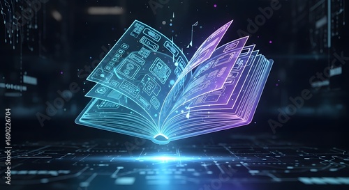 Futuristic Digital Book with Glowing Neon Tech Pages on Circuit Board Background, Representing AI, E-learning, and Information Technology