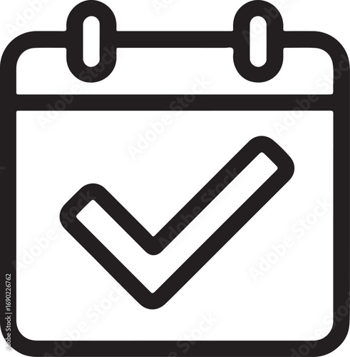 A clean, high-resolution vector icon featuring a minimalist calendar design with a bold checkmark symbol at its center. The calendar is rendered in flat style with rounded corners, simple binding ring