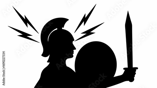 Silhouette of a spartan warrior with helmet holding sword and shield with lightning bolts around head
