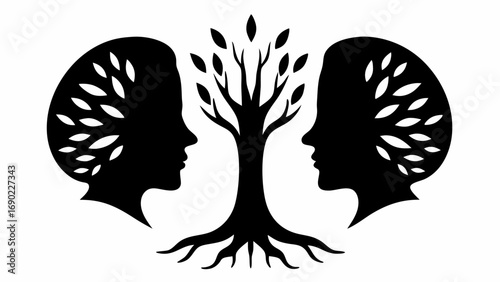 Silhouette of two faces facing each other with a tree in the middle and leaves inside the head silhouettes