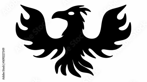 A black silhouette of a phoenix with wings spread wide and a sharp beak against a white background view