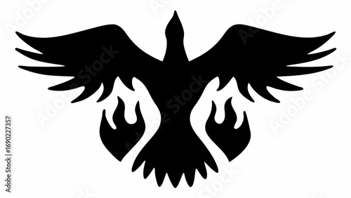 Silhouette of a bird with outstretched wings and flames on either side in a black and white design style