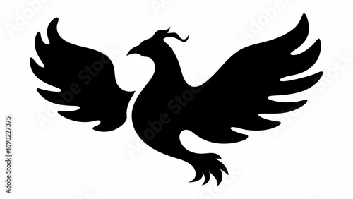 Silhouette of a phoenix with outstretched wings against a white background in a minimalist style design