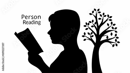 Silhouette of a person reading a book next to a tree with leaves in black and white illustration style