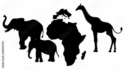 Silhouette of africa continent map with giraffe and elephants in black and white illustration art