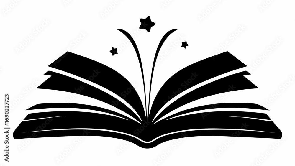 Open book with several pages and three stars above it, all in black on a white background illustration