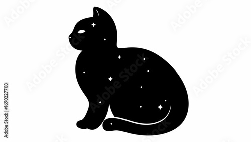 Silhouette of a black cat with stars inside its body sitting with its tail curled around its body shape
