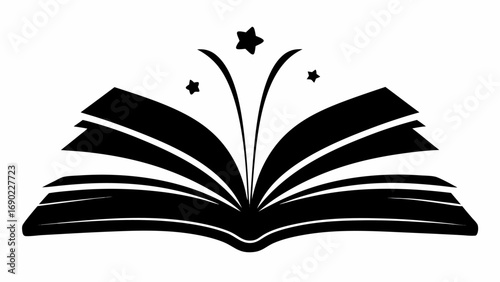 Open book with several pages and three stars above it, all in black on a white background illustration