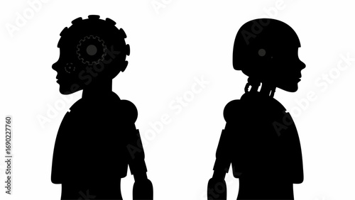 Silhouette of two robots with different head designs and visible mechanical parts in black and white art