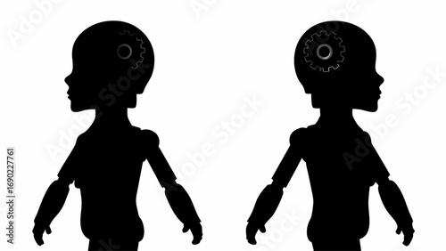 Two silhouette robots with gear inside heads facing each other on a white background illustration