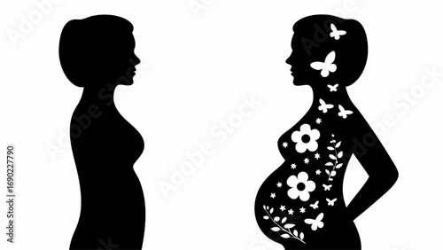 Two silhouette profiles of pregnant women one with floral and butterfly designs on a white background