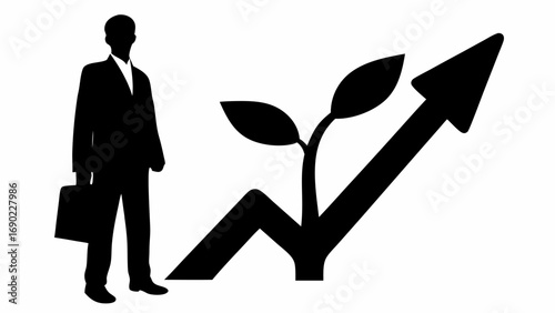 Silhouette of a businessman with briefcase next to an upward arrow with plant leaves indicating growth