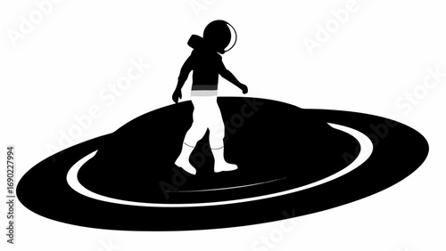 Silhouette of an astronaut walking on a planet with rings in a black and white graphic illustration