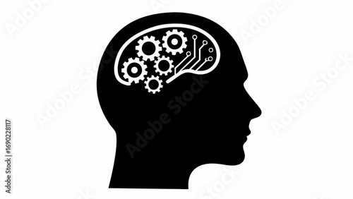 Black silhouette of a head with white gears and circuit board inside the brain on a white background