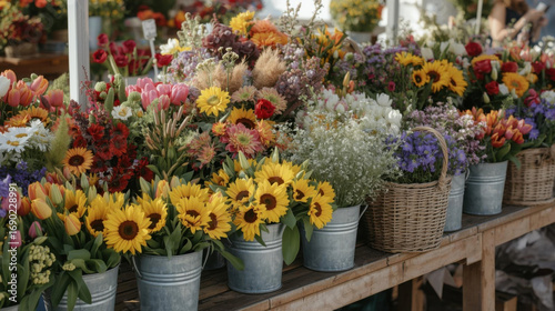 Wallpaper Mural Vibrant display of sunflowers, tulips, and mixed flowers in metal buckets and wicker basket at market stall Torontodigital.ca