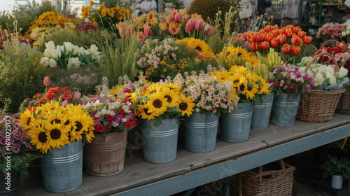 Wallpaper Mural Vibrant display of sunflowers, tulips, and various flowers in metal buckets at market. scene is lively and colorful Torontodigital.ca