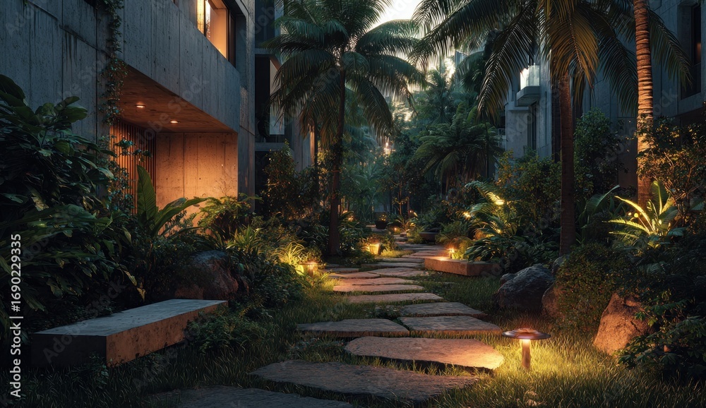 Naklejka premium Stone path through lush tropical greenery between concrete buildings, illuminated by lights