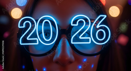 Happy New Year 2026: Woman Wearing Neon 2026 Glasses Celebrating New Year's Eve