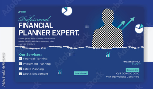 Professional financial planner expert banner with man in suit and graph isolated