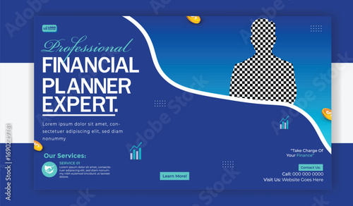 Professional financial planner expert banner with man in suit and graph isolated
