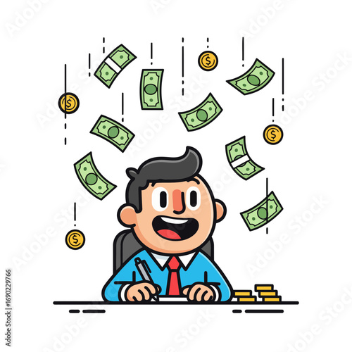 Isolated vector graphic of a character at a desk with money raining down. A simple, bold, and effective design representing financial success and a windfall.