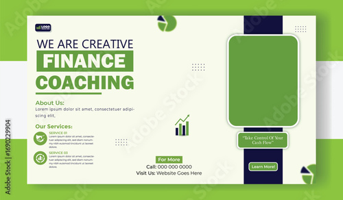 Creative finance coaching banner template with woman working on laptop