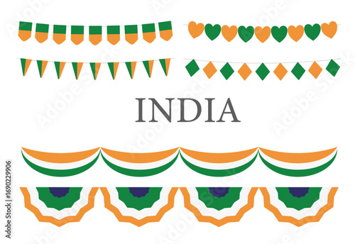 set of decorative elements in the vibrant saffron white green colors Indian national flag pennants garlands and bunting celebrating national holidays Republic Day or Independence