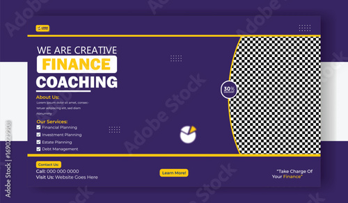 Creative finance coaching banner template with woman working on laptop