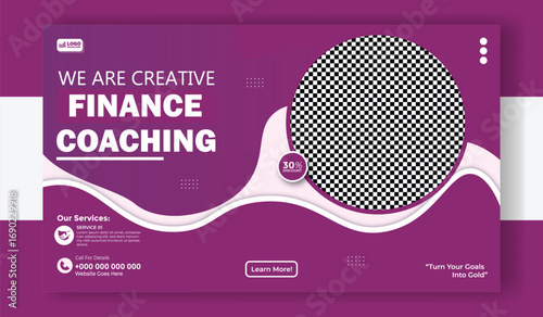 Creative finance coaching banner template with woman working on laptop