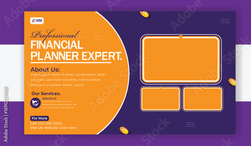 Professional financial planner expert banner with man in suit and graph isolated