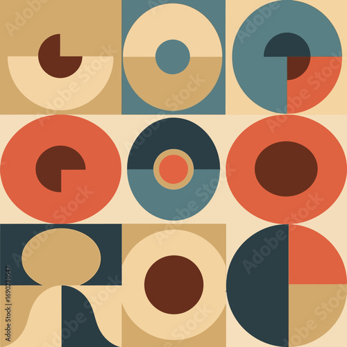 Mid-Century Modern Geometric Abstract Art Print with Circles, Segments, and Earthy Tones
