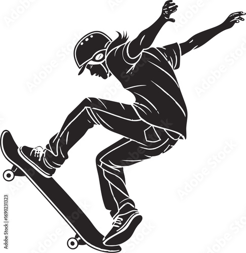 Black Silhouette Freestyle Skateboarder Trick Vector