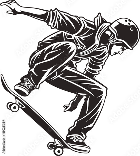 Black Silhouette Extreme Skateboard Player Vector