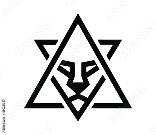 Geometric lion head emblem inside a star of david symbol logo design