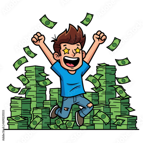 Isolated vector graphic of an ecstatic person amidst piles of cash. A fun and vibrant design representing ultimate financial success and a joyous lifestyle.