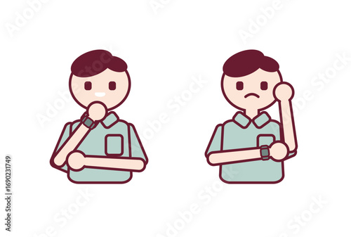 悩み、ひらめきの表情の男性のイラスト