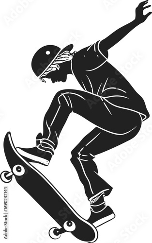 Black Silhouette Skateboard Player Performing Kickflip Vector