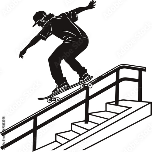 Black Silhouette Skateboarder Grinding Rail Vector